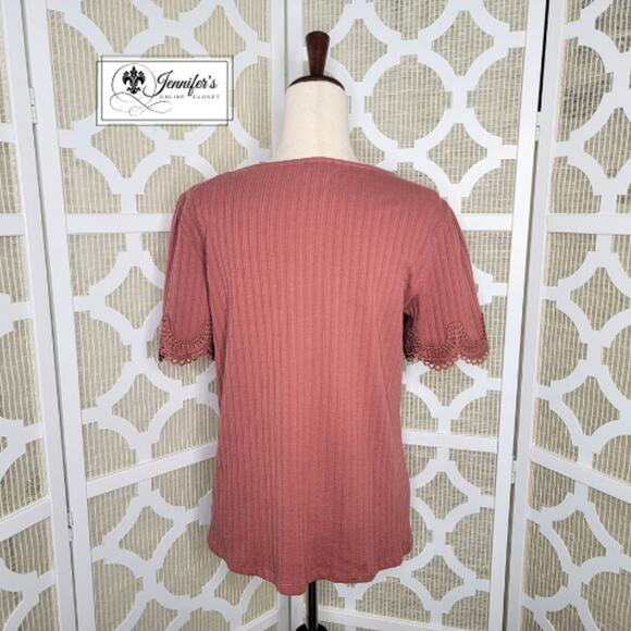 Ann Taylor Factory Rust Scoop Neck Scallop Lace Short Sleeve Sweater Size L - Picture 6 of 9